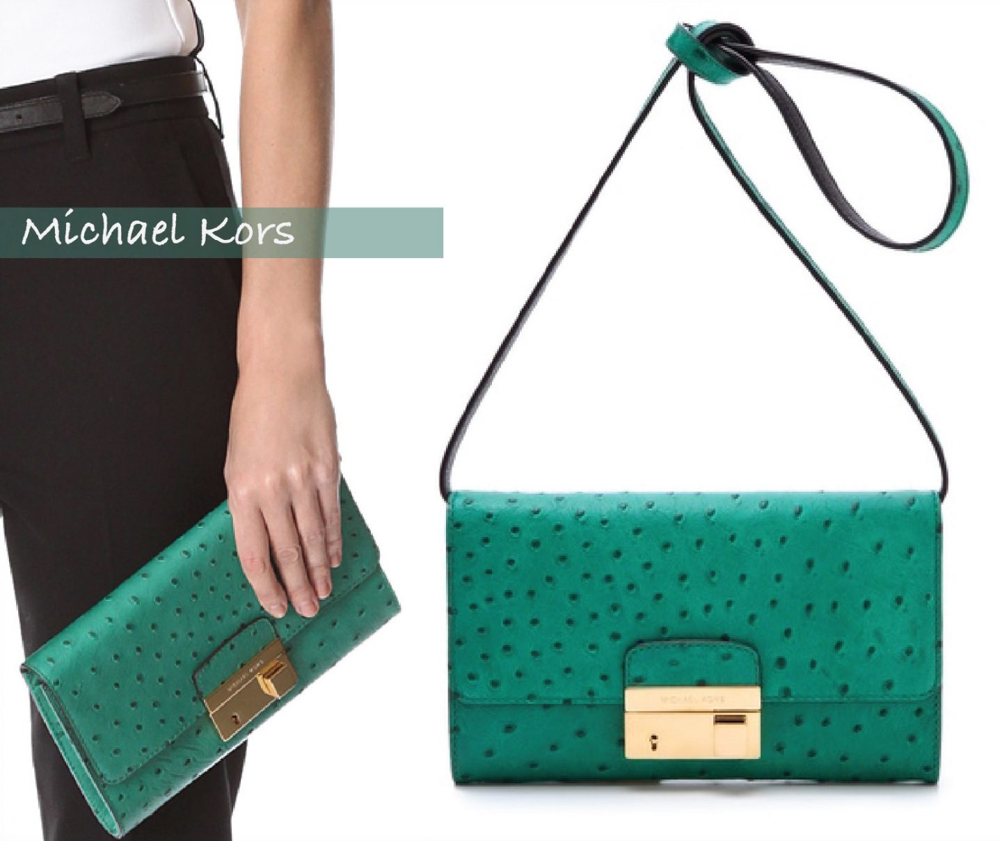 Michael Kors – Emerald Ostrich-Embossed Clutch With Lock