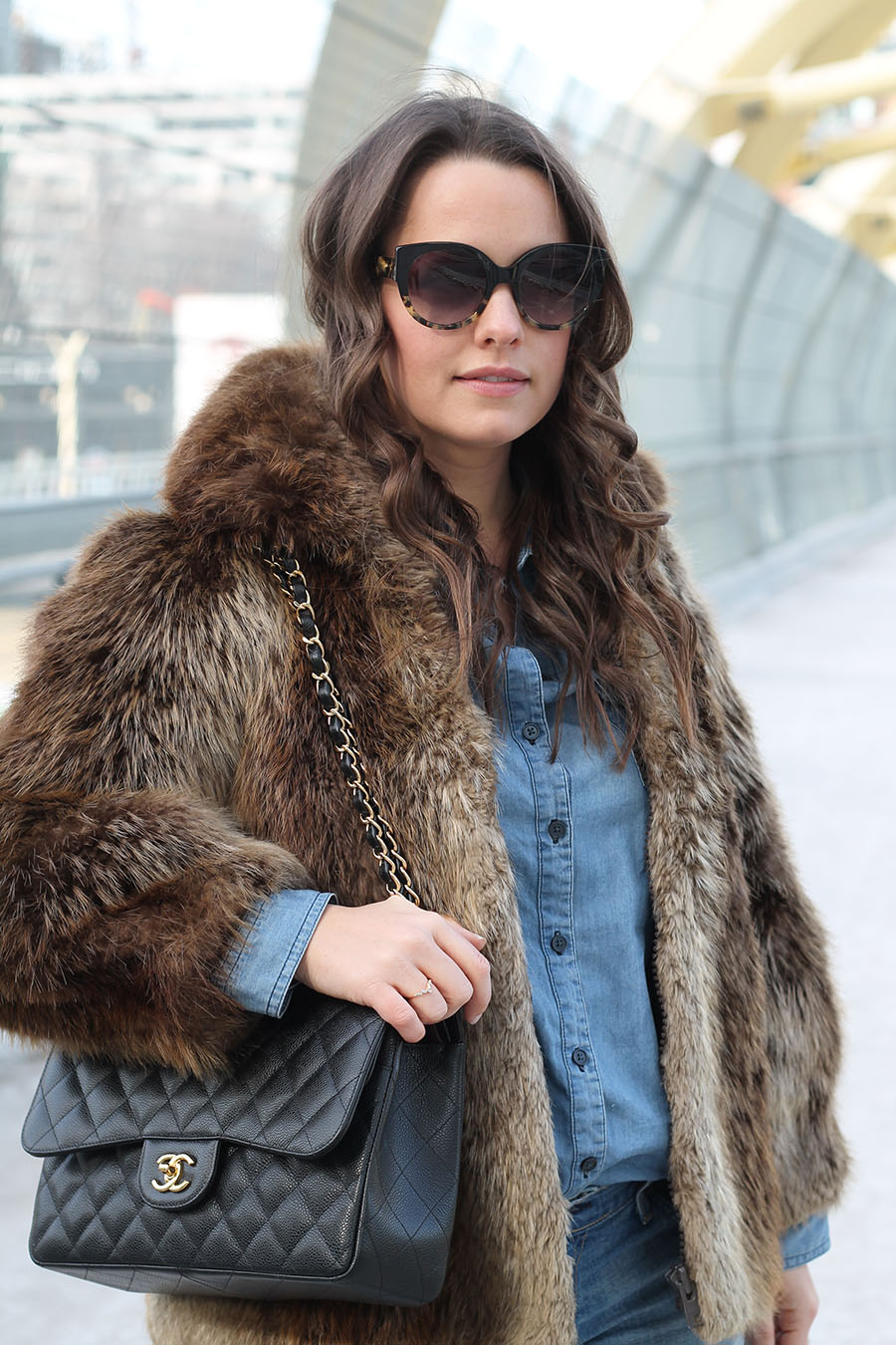 Winter Fashion, Canadian Tuxedo, Faux Fur Coat, Chanel Handbag, TOMS sunglasses, chambray shirt, toronto canada bloggers