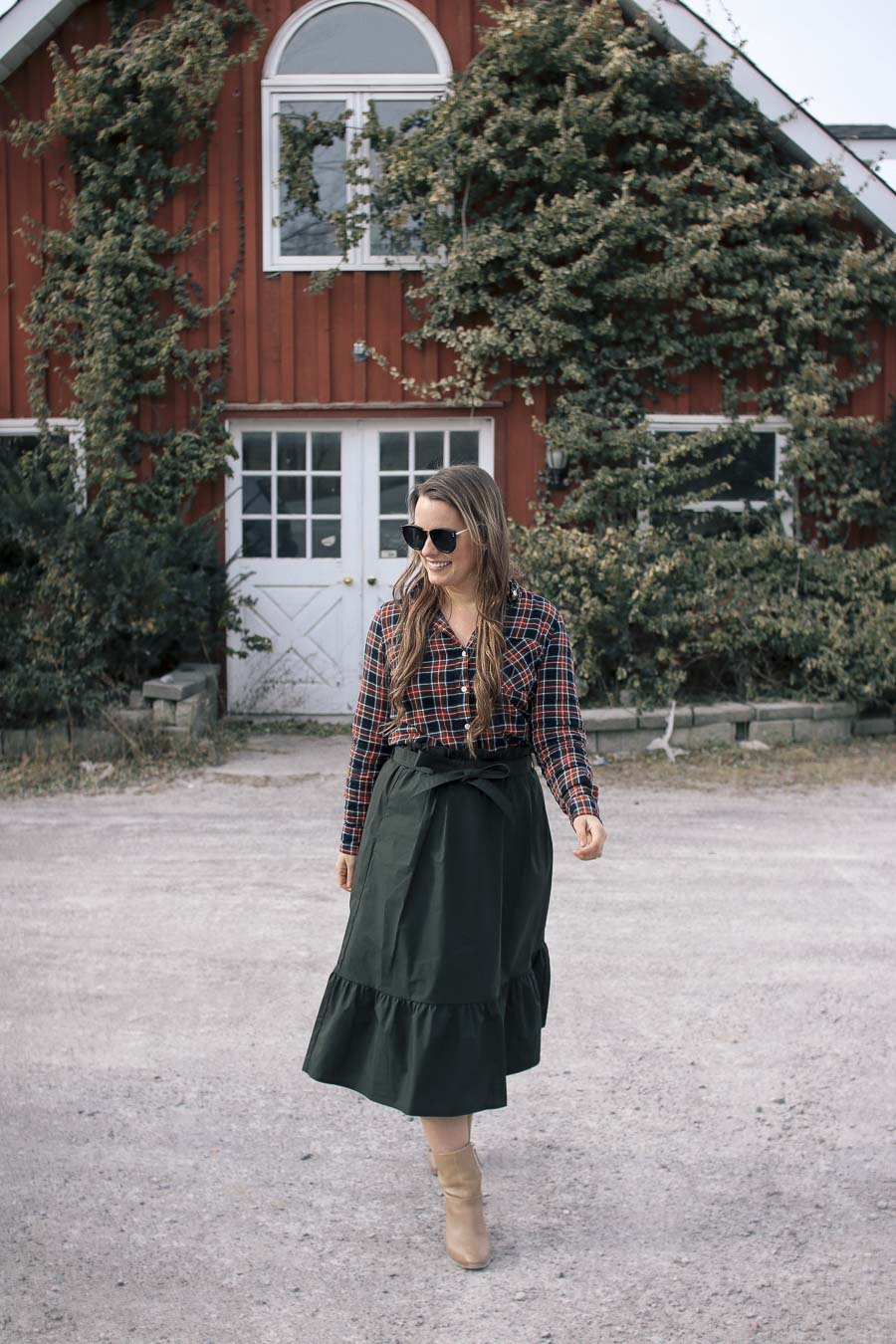 How To Wear Plaid Shirt with Midi Skirt, Outfit Ideas, Fashion Blogger