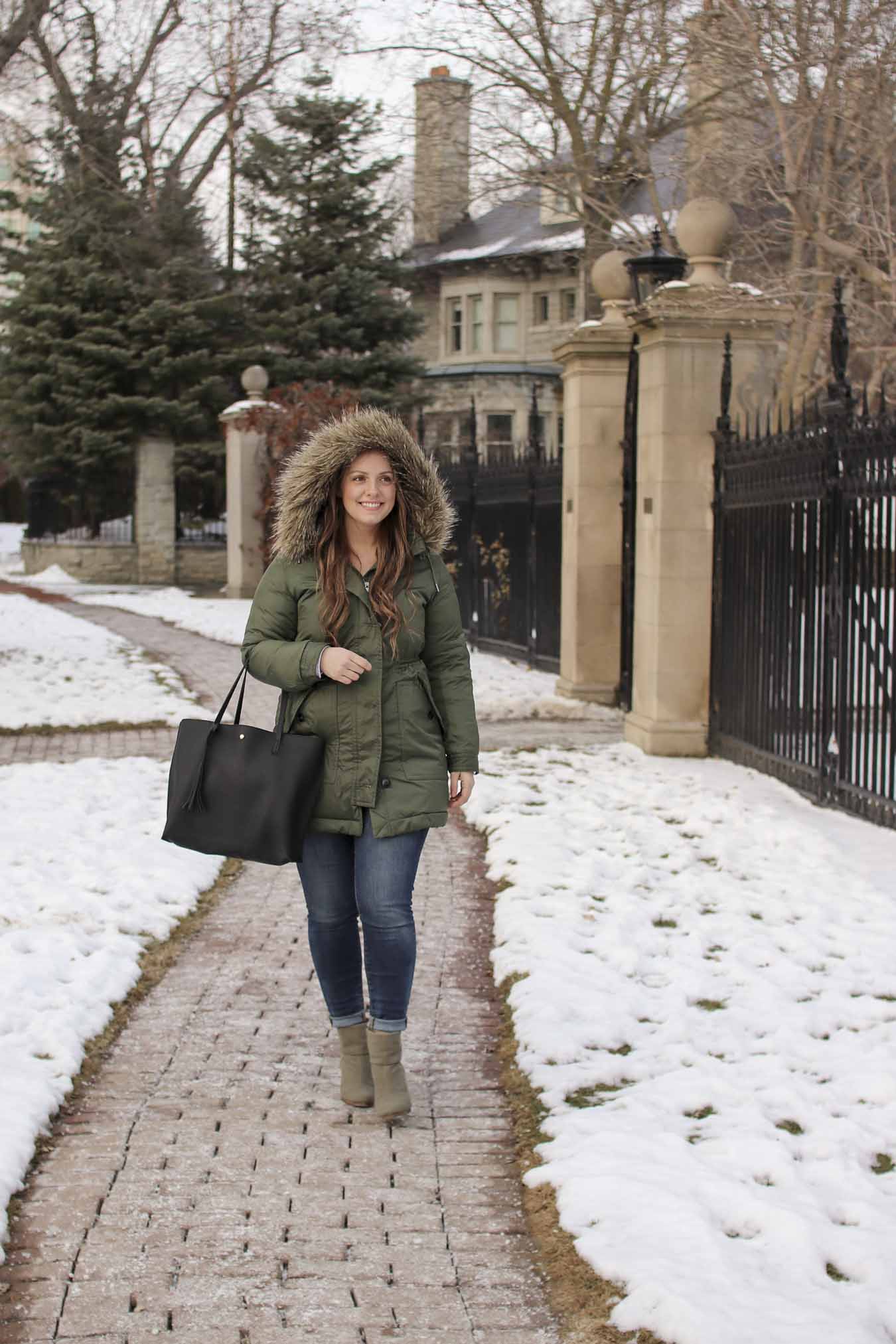 Green Winter Coat, Parka with Faux Fur Hood